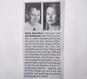 Foto Zeitungsartikel I Management-Buyout Wirz I Gründung IRF