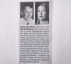 Foto Zeitungsartikel I Management-Buyout Wirz I Gründung IRF